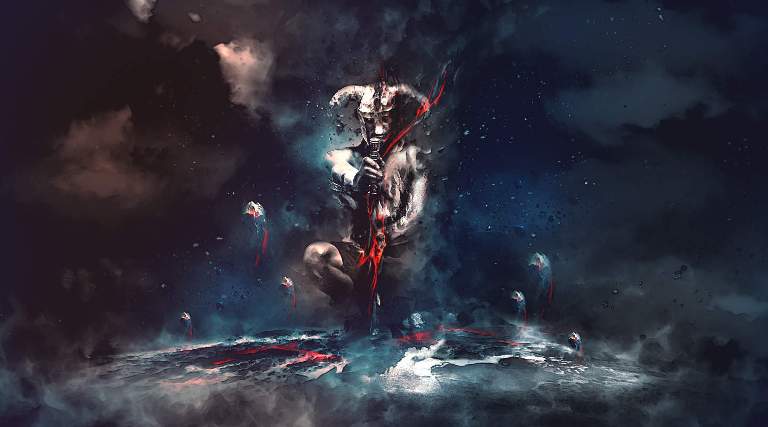 Create Warrior Drawing Dark Energy from Surrounding Elements Scene