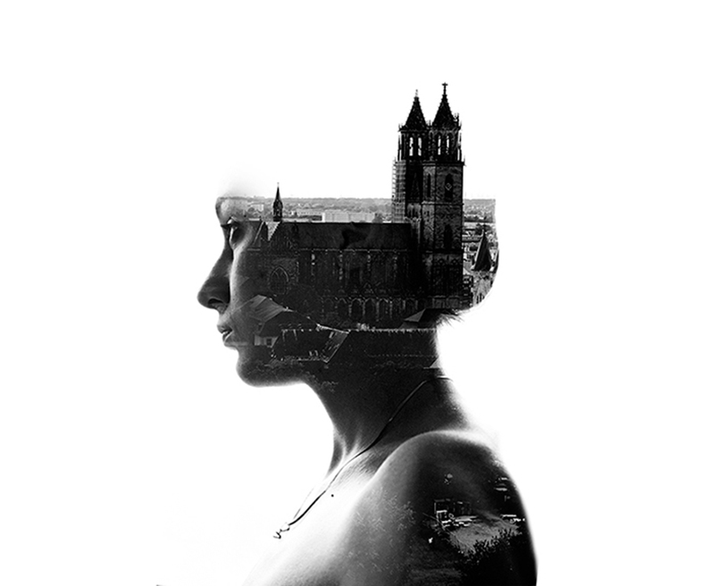Lady and building on her head