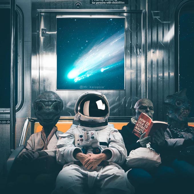 astronaut sitting beside aliens