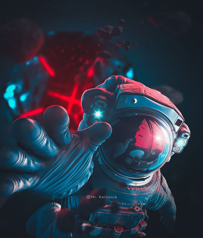 astronaut close up reaching hand