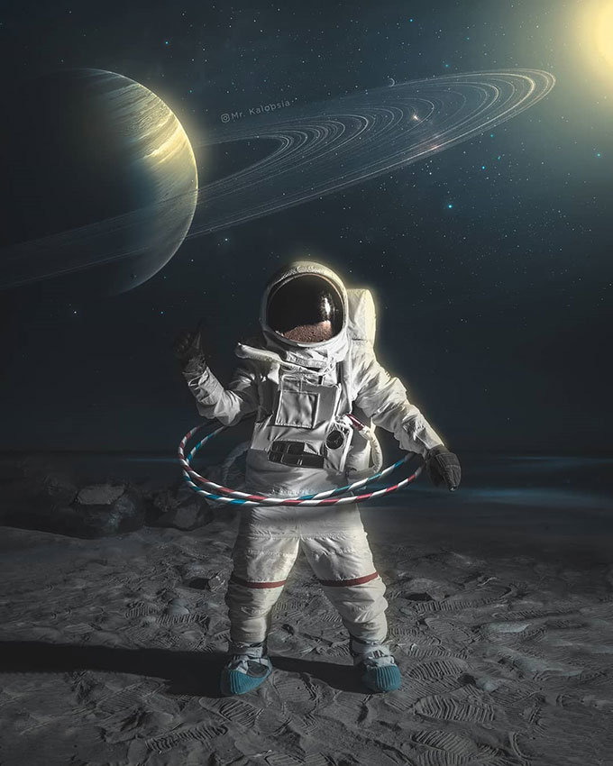 astronaut playing hoola hoops