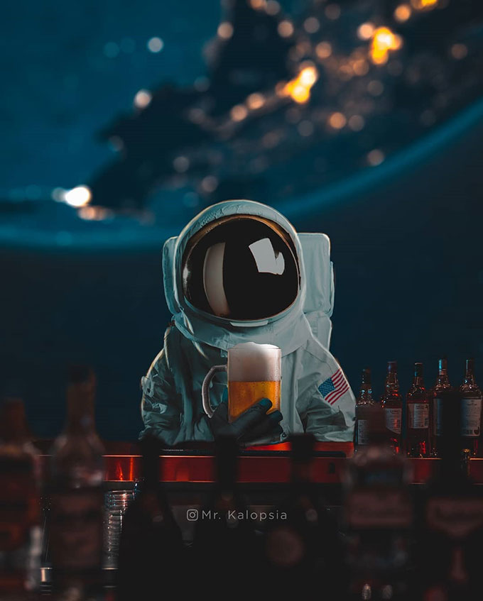 astronaut drinking beer