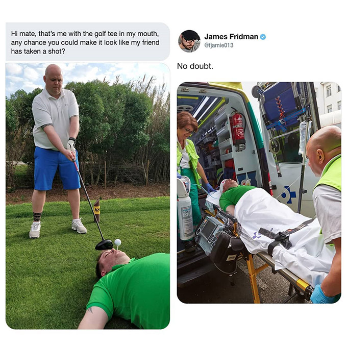 man request for golf shot to friends face funny photo edits
