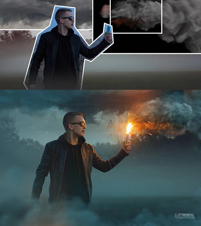man holds light fire by russian photoshop artist