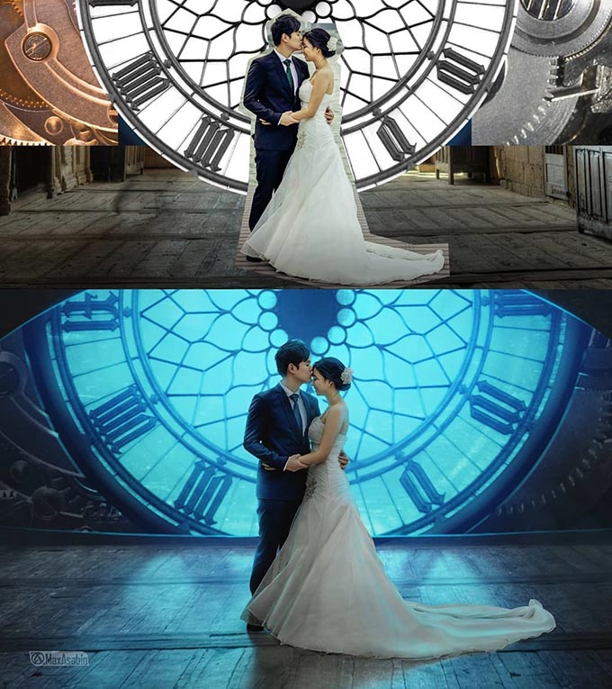 couple behind big clock photo manipulation