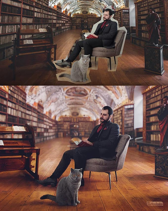 man reading in library by russian photoshop artist