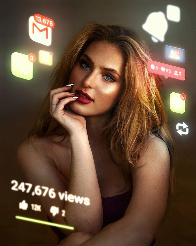 Beautiful lady with floating Instagram stats photoshop glow effect