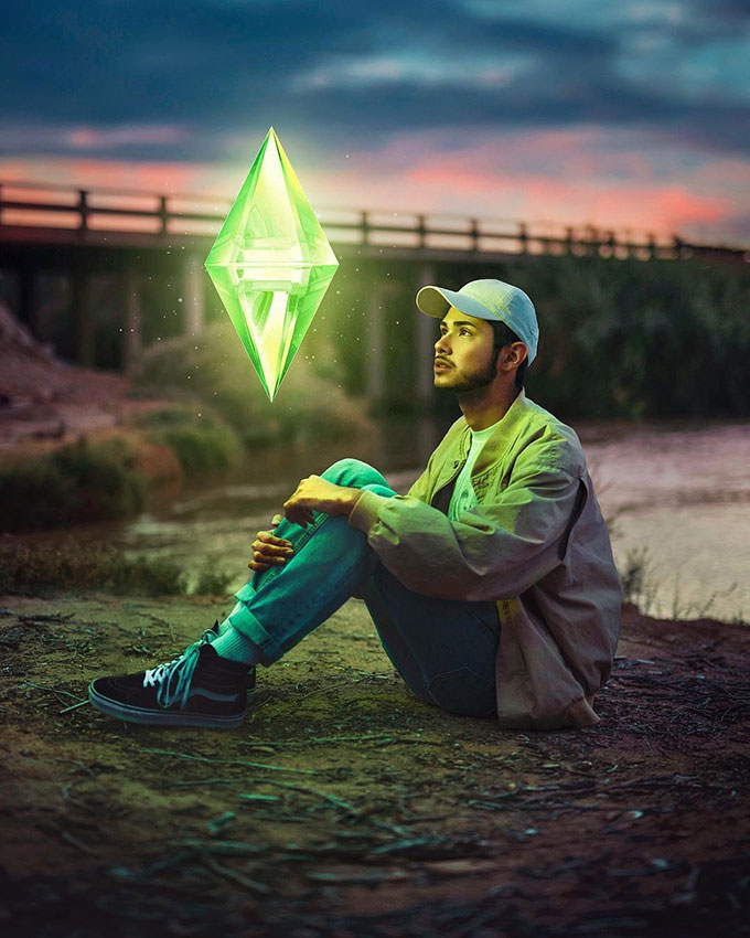 Man staring at floating green gem photoshop glow effect