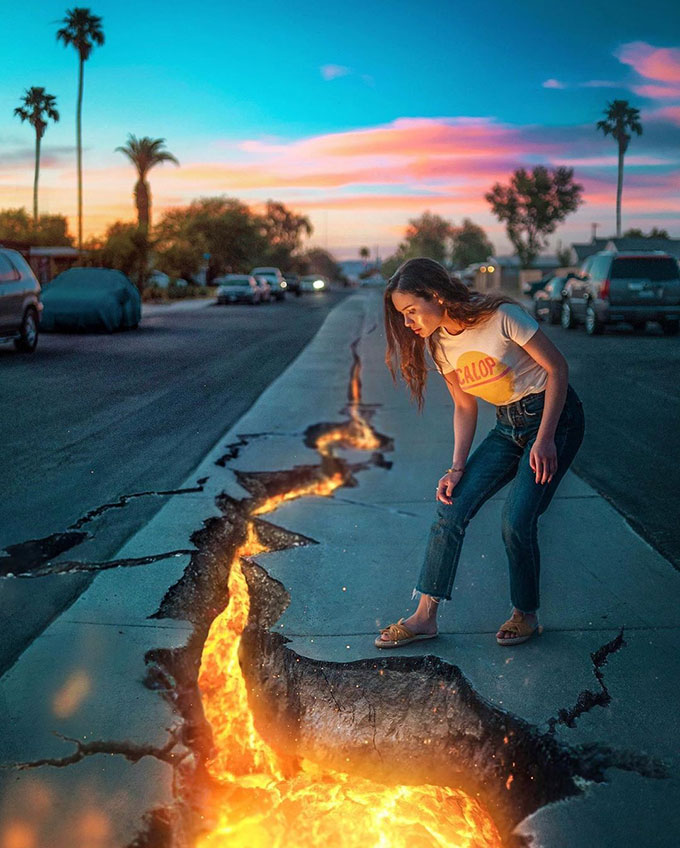 Big crack on road with glowing lava and girl staring