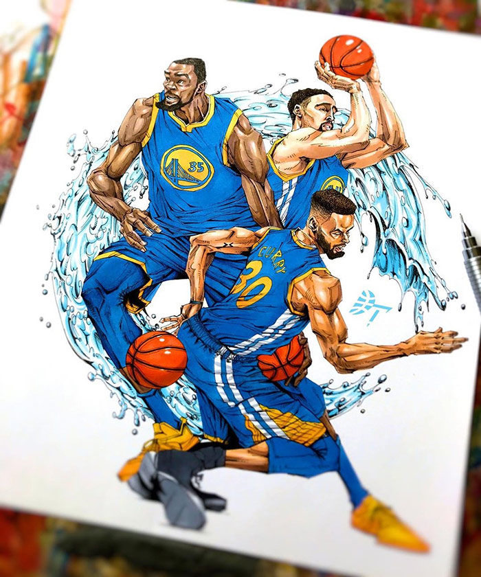 Kevin Durant, Klay Thompson and Stephen Curry