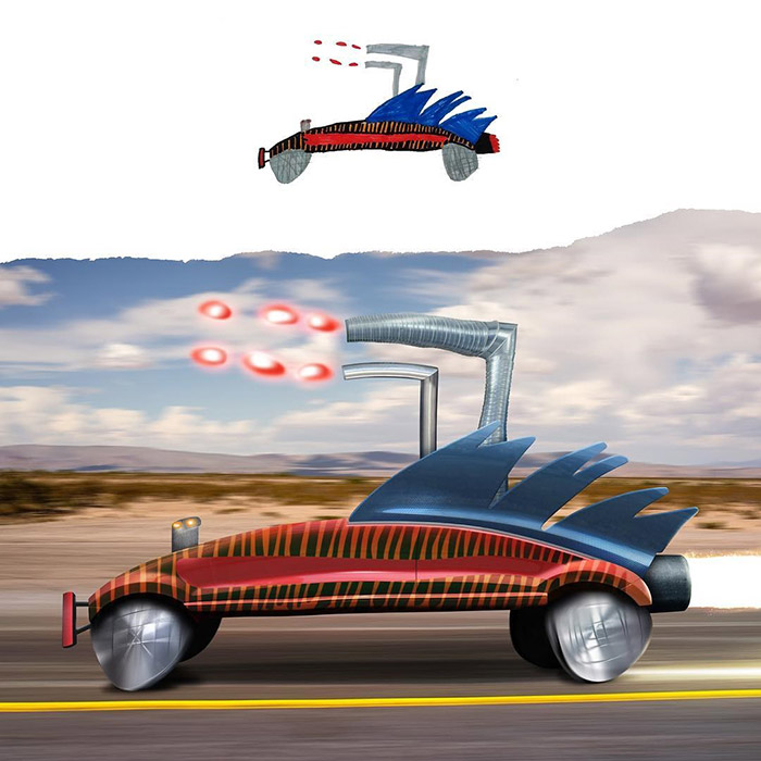bizarre car with spikes and flare on top kids drawings Photoshop